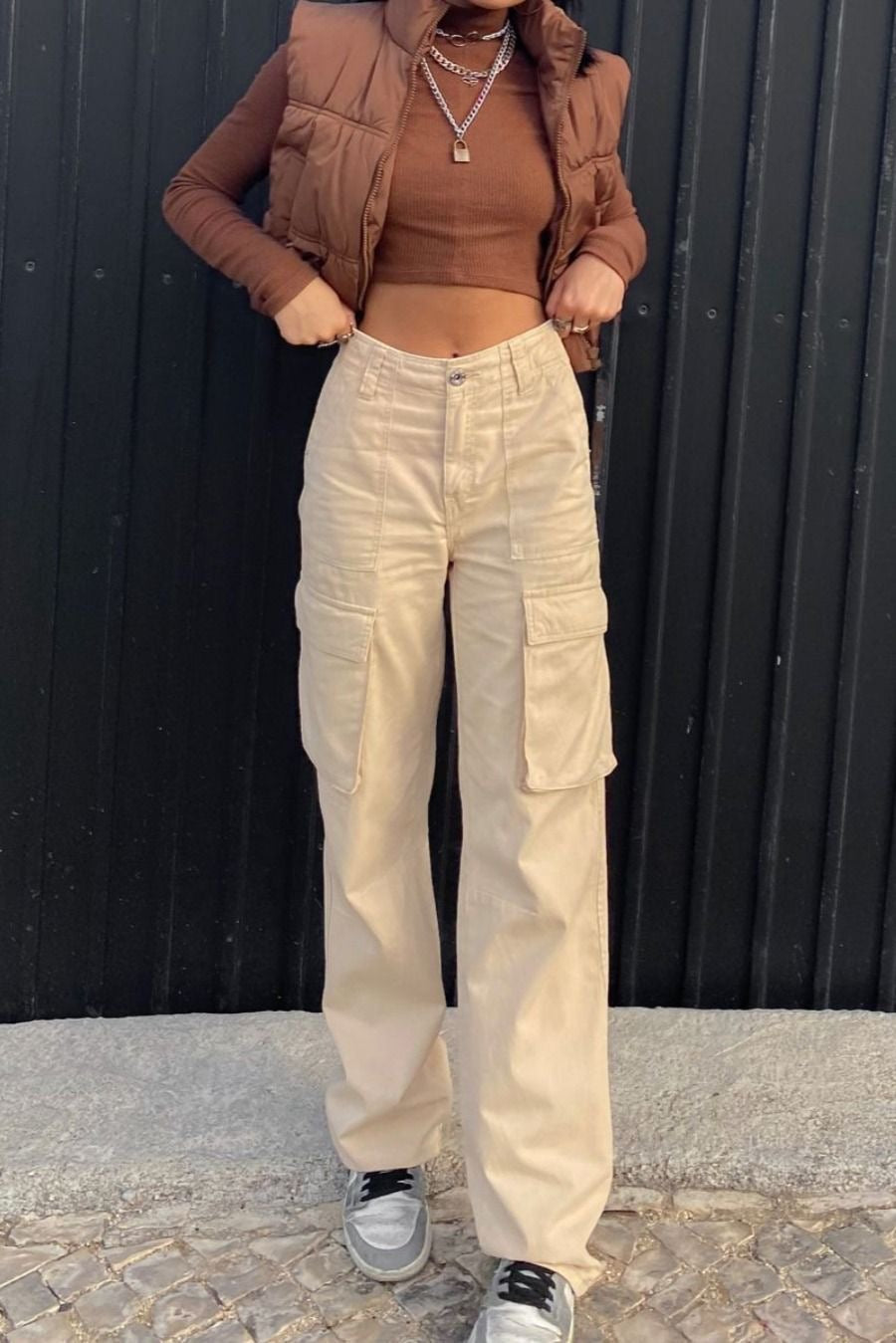 BEIGE CARGO DENIM WIDE LEG JEANS