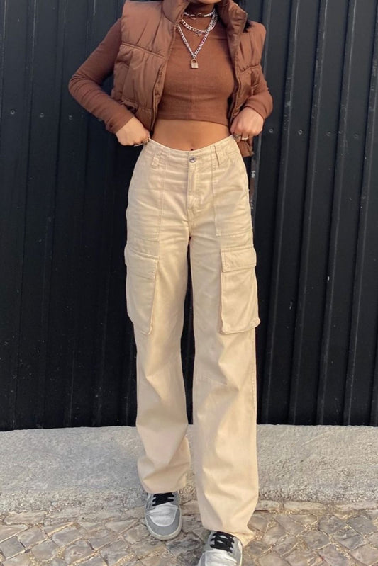 BEIGE CARGO DENIM WIDE LEG JEANS