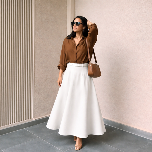 Brown Button Down Shirt & White Flowy Chiffon Skirt