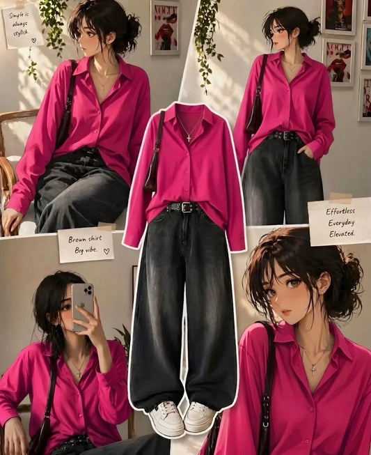 ROYAL PINK BUTTON DOWN SHIRT WITH DARK GREY VINTAGE WIDE LEG JEANS