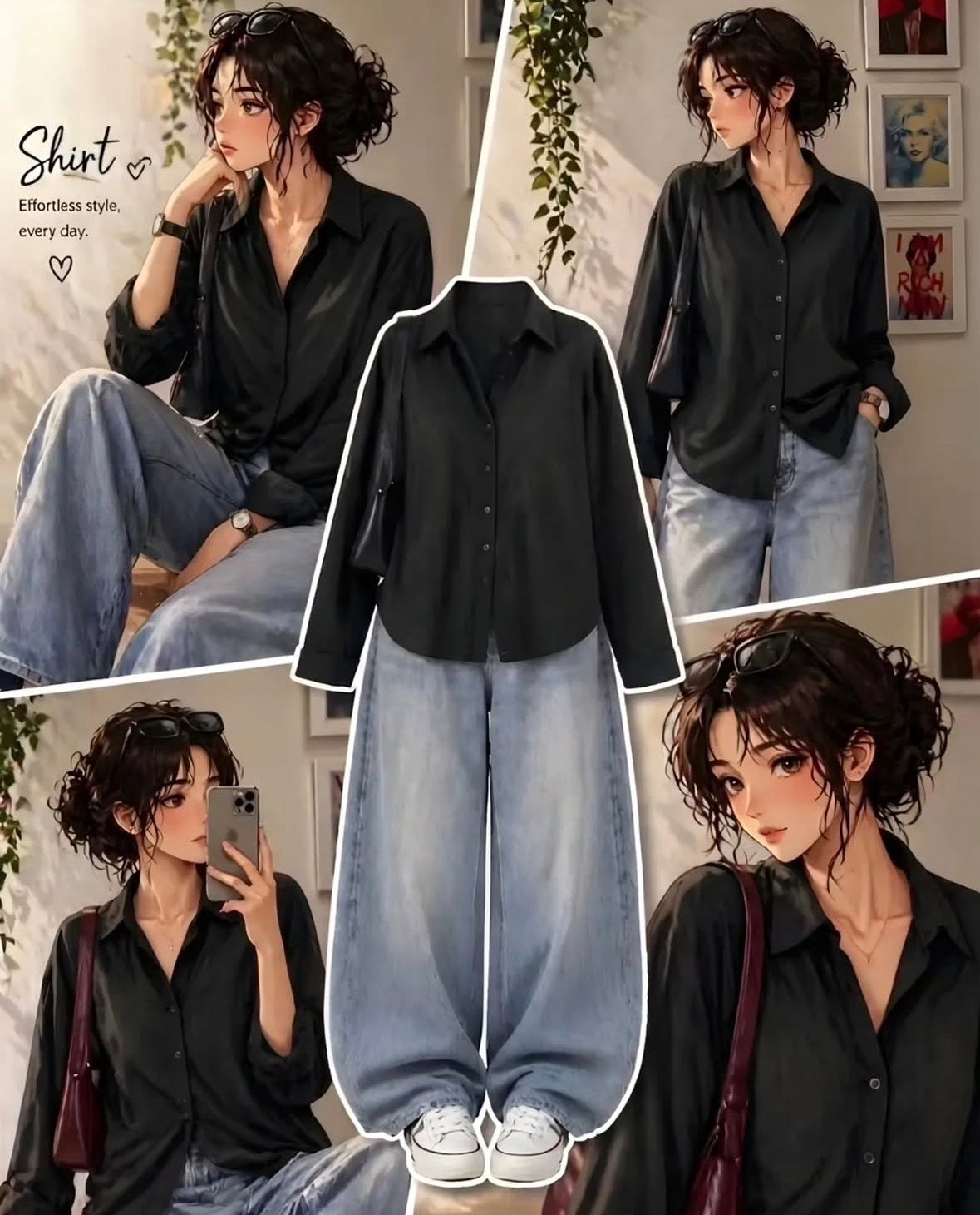 BLACK BUTTON DOWN SHIRT WITH SKY BLUE VINTAGE WIDE LEG JEANS