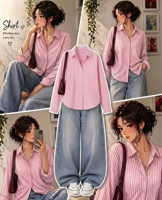 PINK AND WHITE BUTTON DOWN SHIRT WITH SKY BLUE VINTAGE WIDE LEG JEANS