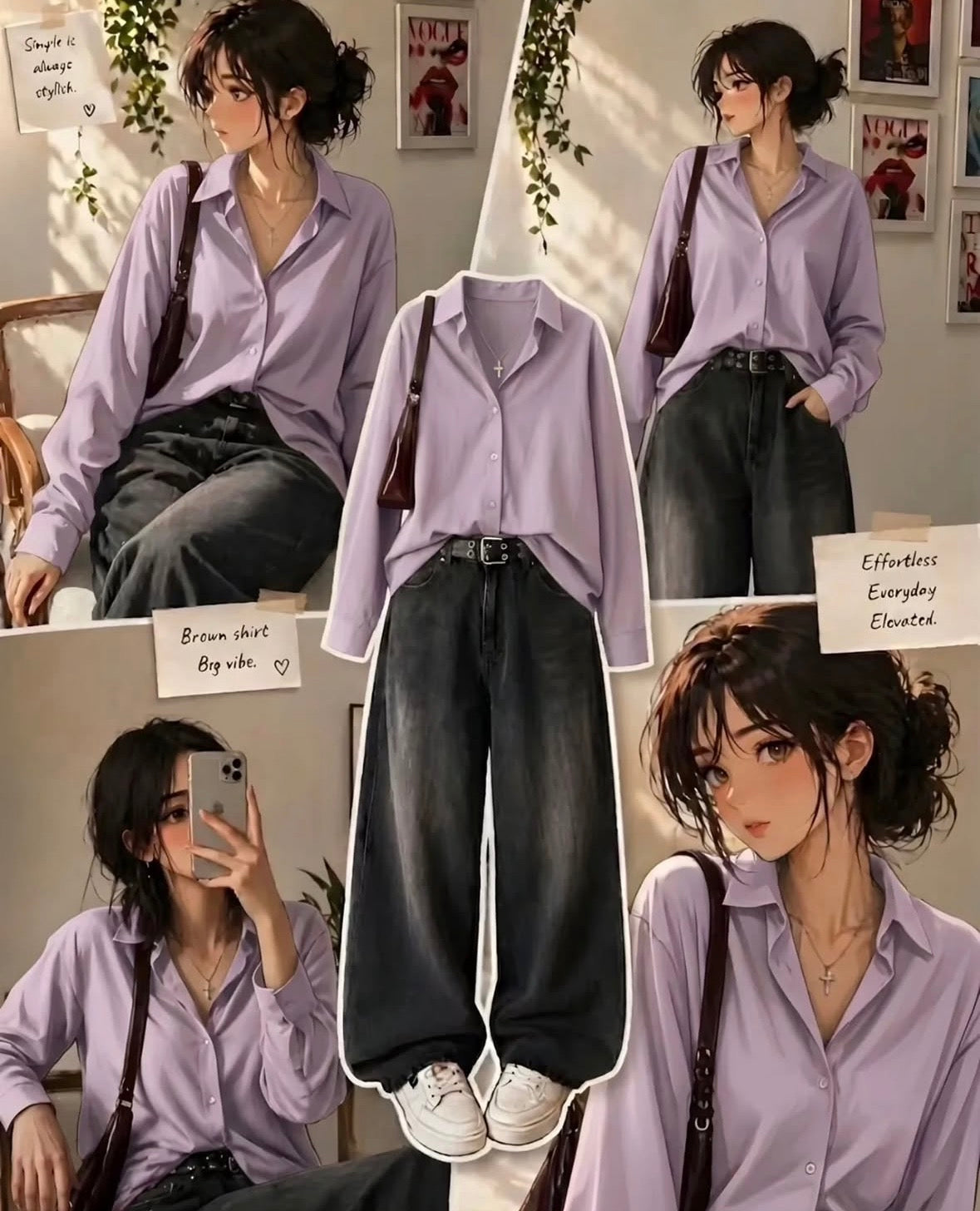 LILAC BUTTON DOWN SHIRT WITH DARK GREY VINTAGE WIDE LEG JEANS