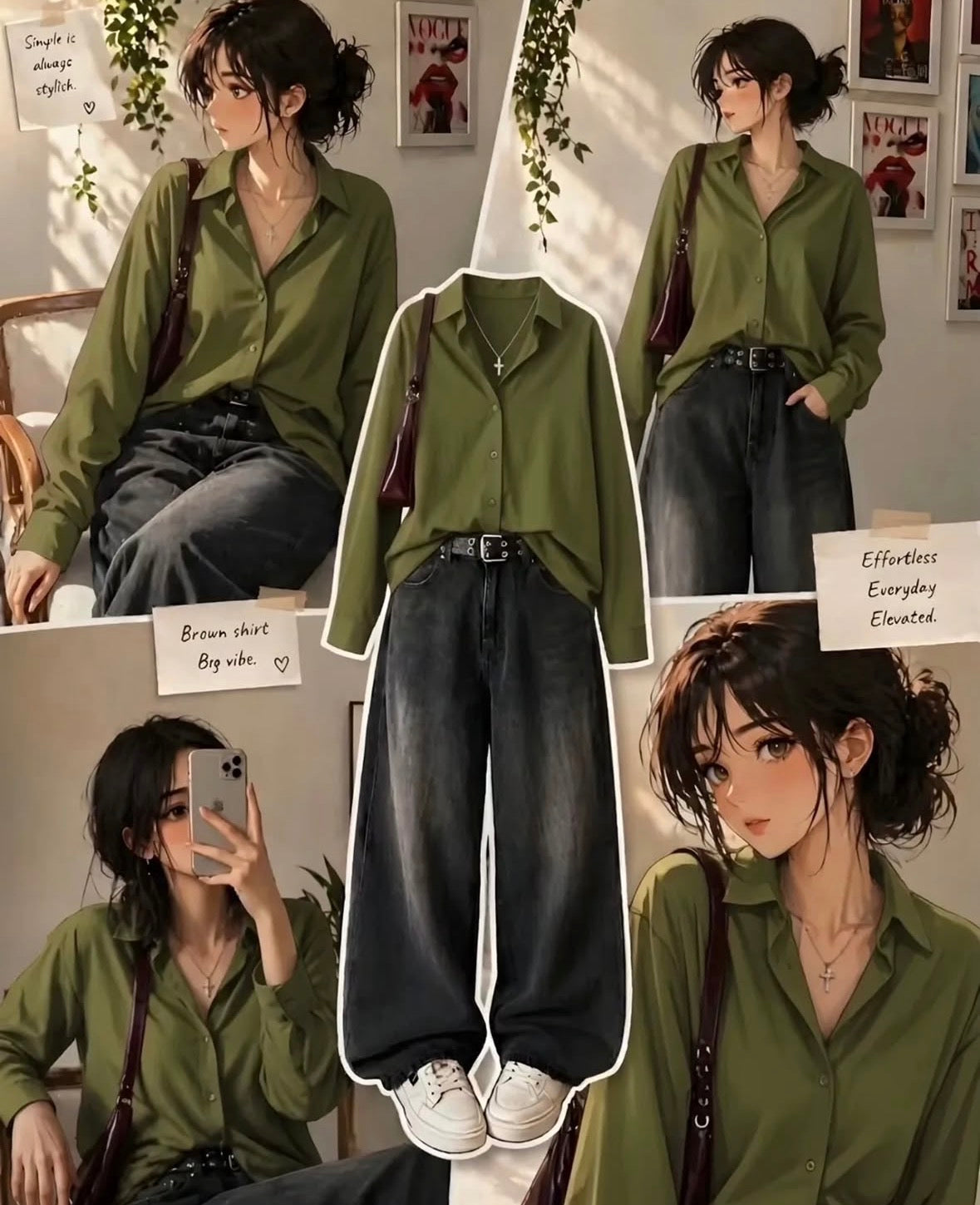 OLIVE GREEN BUTTON DOWN SHIRT WITH DARK GREY VINTAGE WIDE LEG JEANS