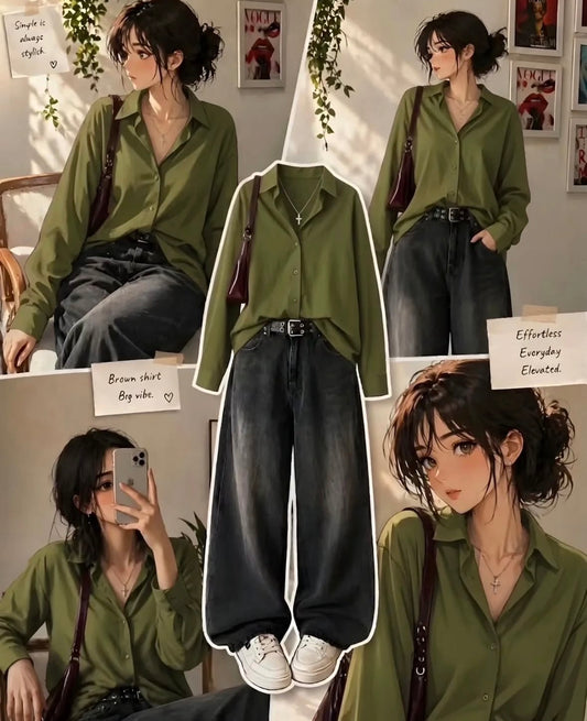 OLIVE GREEN BUTTON DOWN SHIRT WITH DARK GREY VINTAGE WIDE LEG JEANS