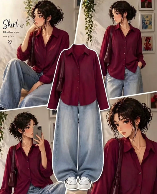 MAROON BUTTON DOWN SHIRT WITH SKY BLUE VINTAGE WIDE LEG JEANS