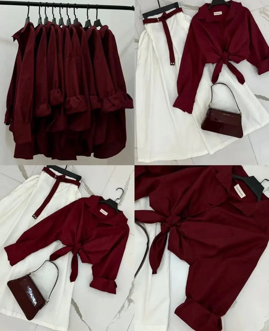 Burgundy Button Down Shirt & White Flowy Chiffon Skirt