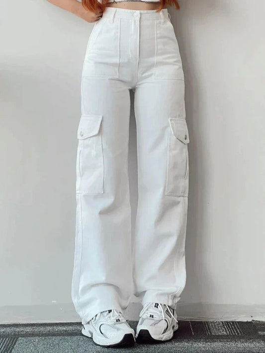 WHITE CARGO DENIM WIDE LEG JEANS