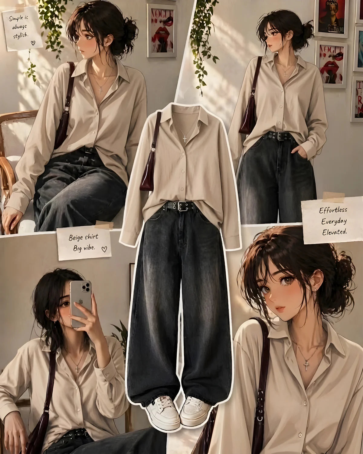 BEIGE BUTTON DOWN SHIRT WITH DARK GREY VINTAGE WIDE LEG JEANS