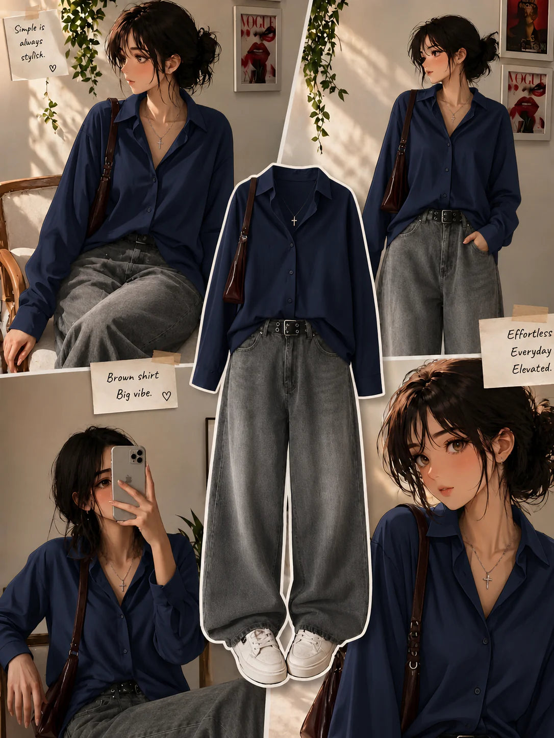 NAVY BLUE BUTTON DOWN SHIRT WITH LIGHT GREY VINTAGE WIDE LEG JEANS