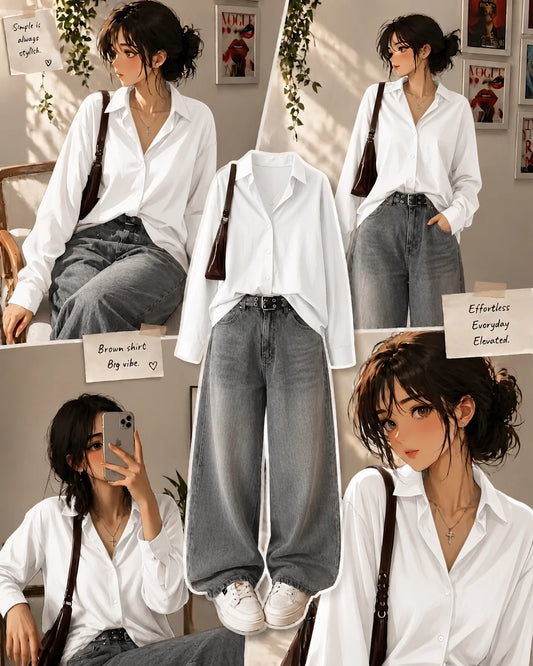 WHITE BUTTON DOWN SHIRT WITH LIGHT GREY VINTAGE WIDE LEG JEANS