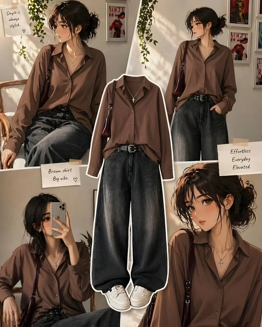 COFFEE BROWN BUTTON DOWN SHIRT WITH DARK GREY VINTAGE WIDE LEG JEANS
