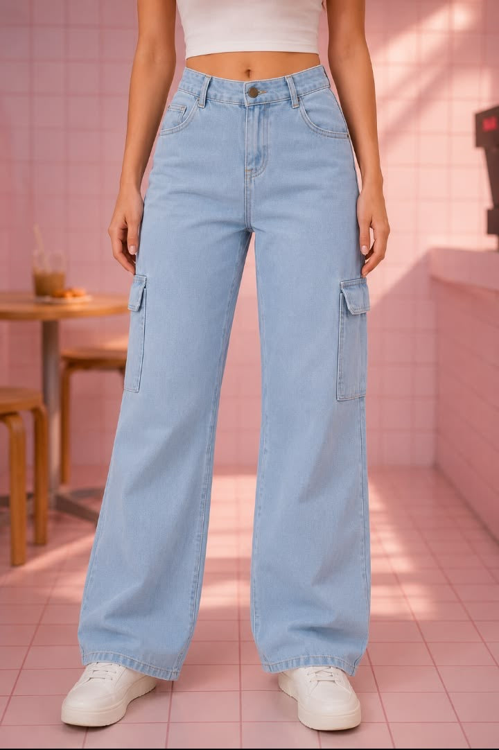 SKY BLUE CARGO DENIM WIDE LEG JEANS