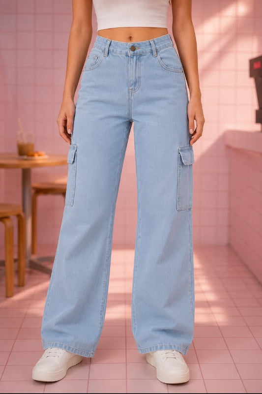 SKY BLUE CARGO DENIM WIDE LEG JEANS