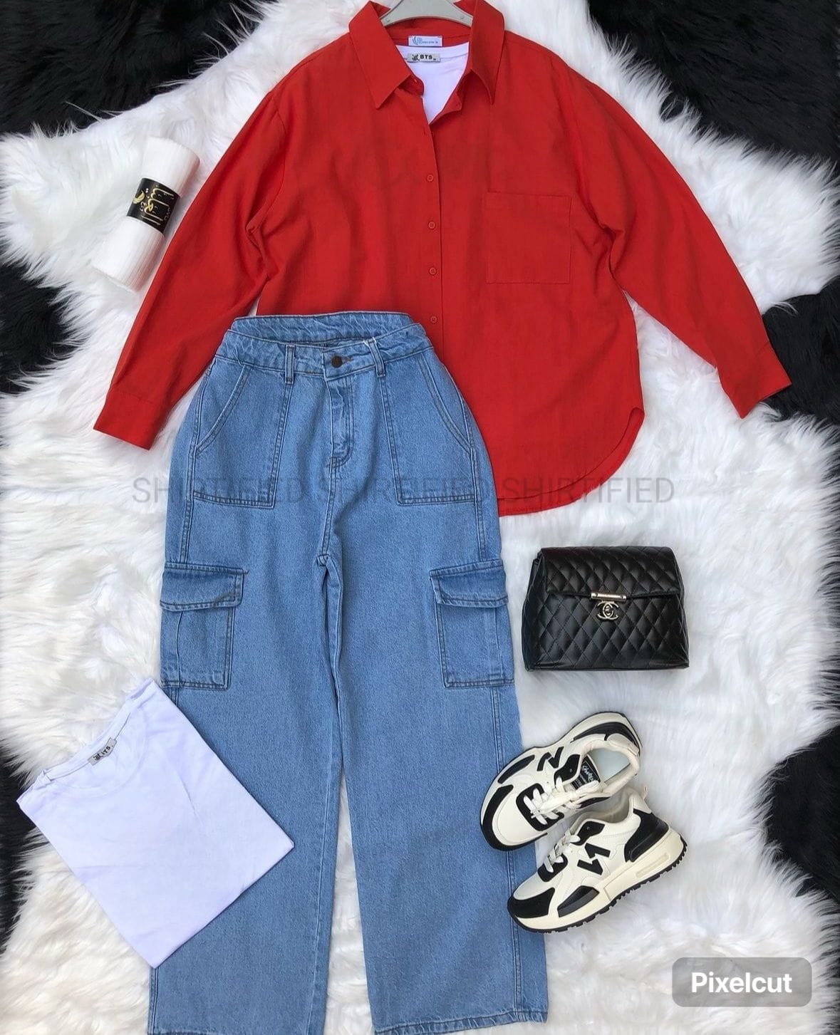 RED BUTTON DOWN SHIRT WITH SKY BLUE CARGO DENIM JEANS
