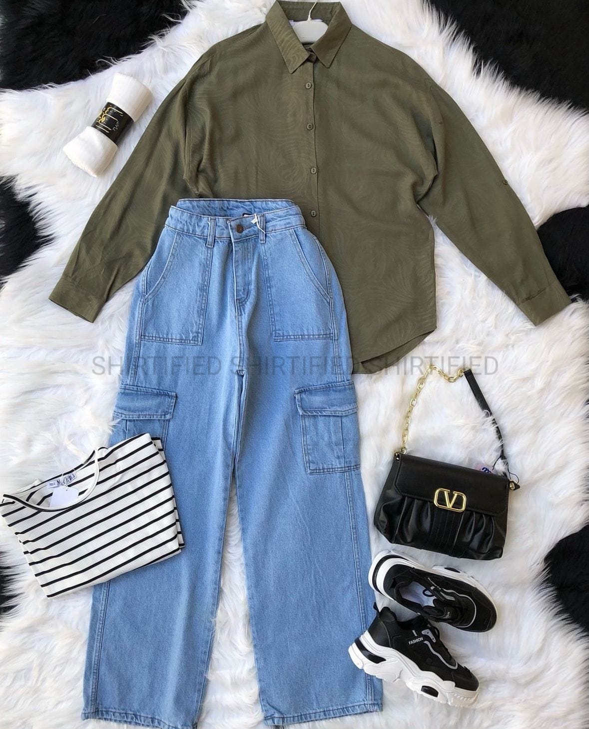 OLIVE GREEN BUTTON DOWN SHIRT WITH SKY BLUE CARGO DENIM JEANS