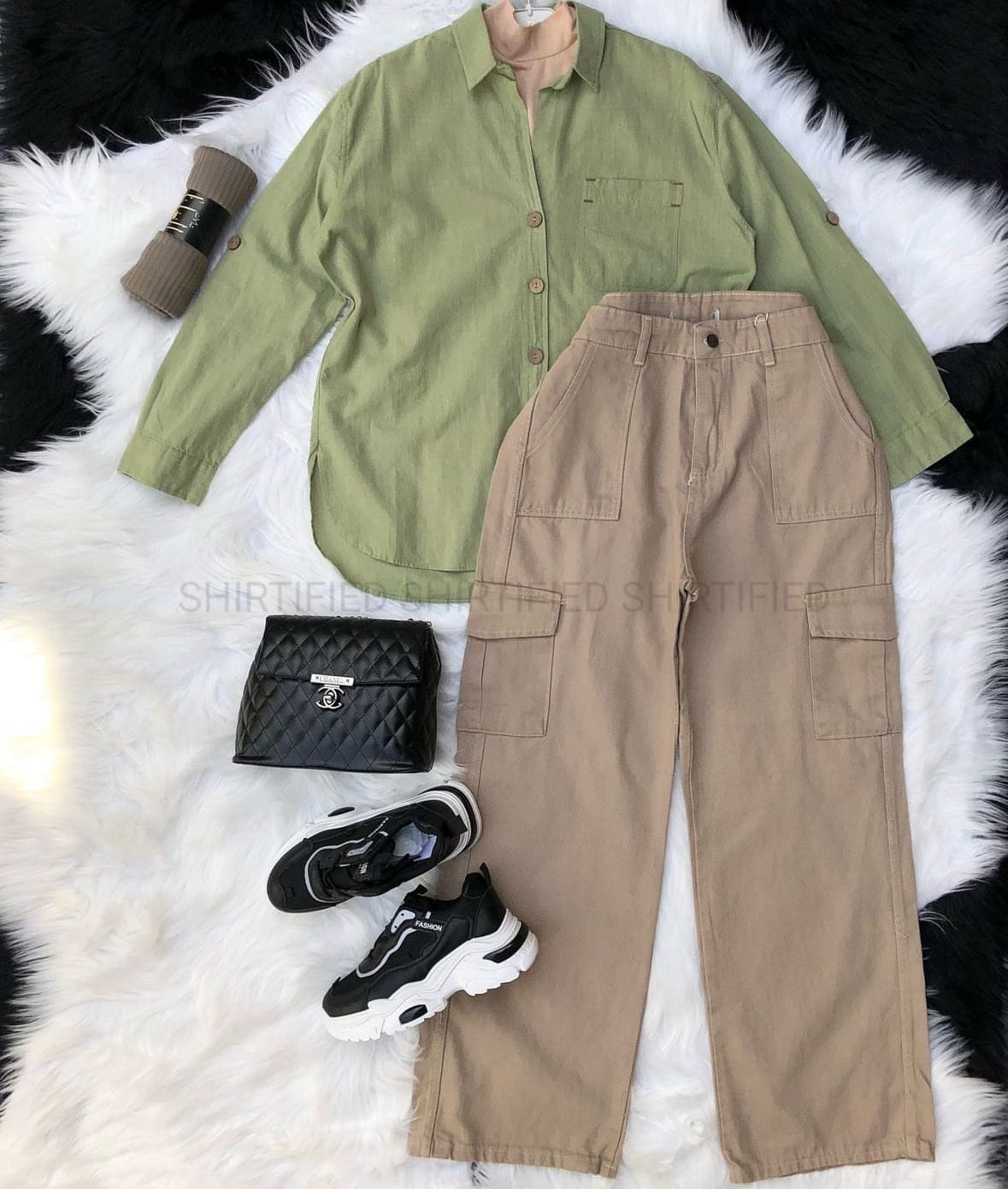LIGHT OLIVE GREEN BUTTON DOWN SHIRT WITH SKY BLUE CARGO DENIM JEANS