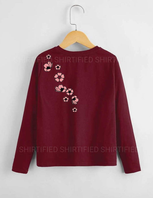 MAROON FLOWER PRINTED FULL SLEEVES T-SHIRT