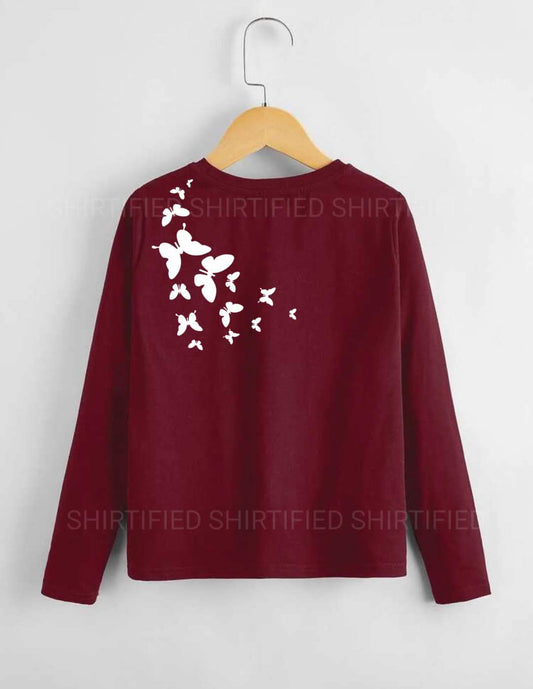 MAROON BUTTERFLY PRINTED FULL SLEEVES T-SHIRT