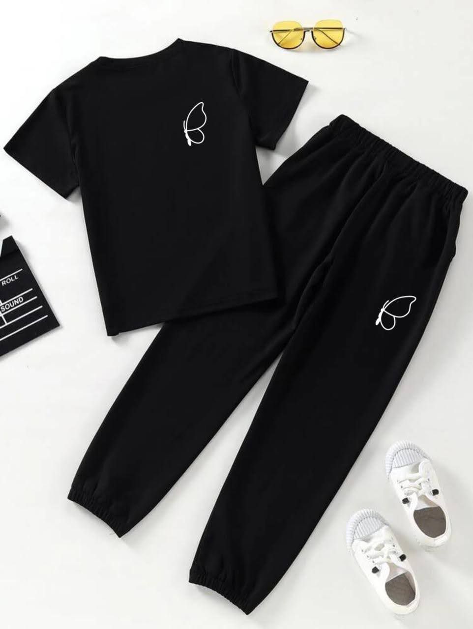 BLACK BUTTERFLY PRINTED T-SHIRT WITH BLACK PRINTED TROUSER