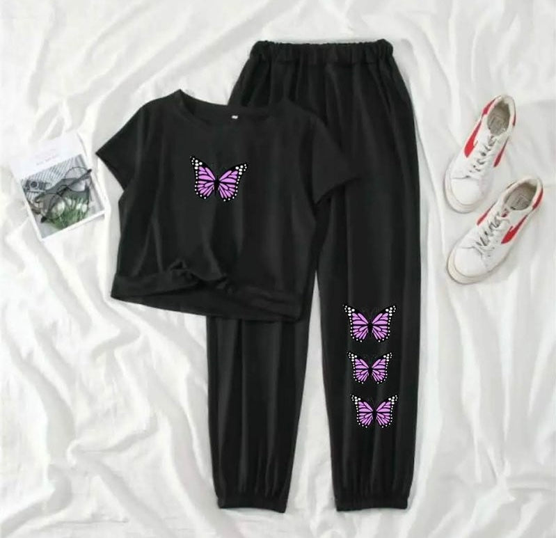 BLACK BUTTERFLY PRINTED T-SHIRT WITH BLACK PRINTED TROUSER