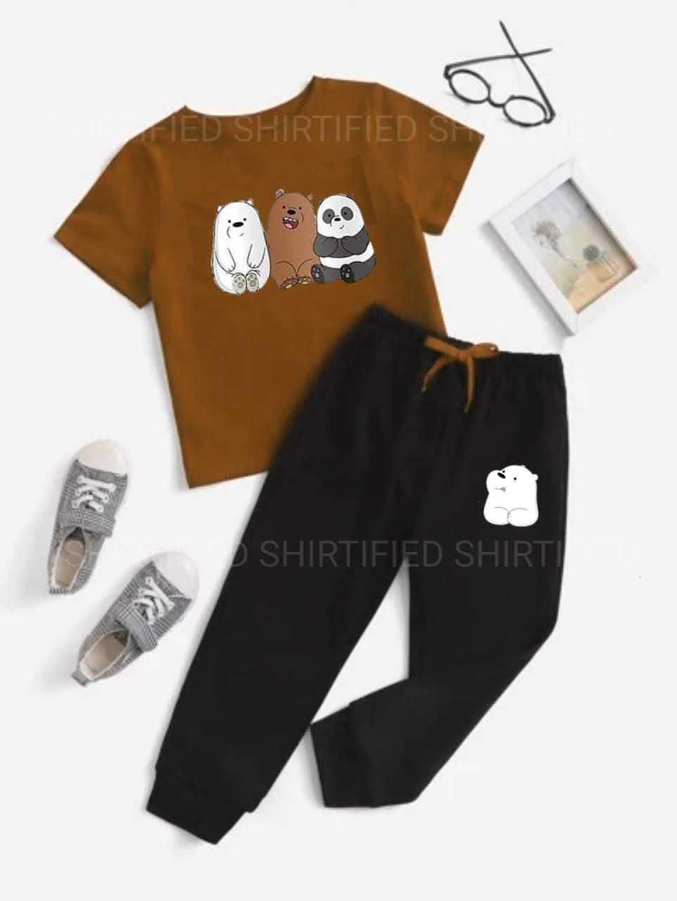 COFFEE BROWN CARTOON PRINTED T-SHIRT WITH BLACK PRINTED TROUSER
