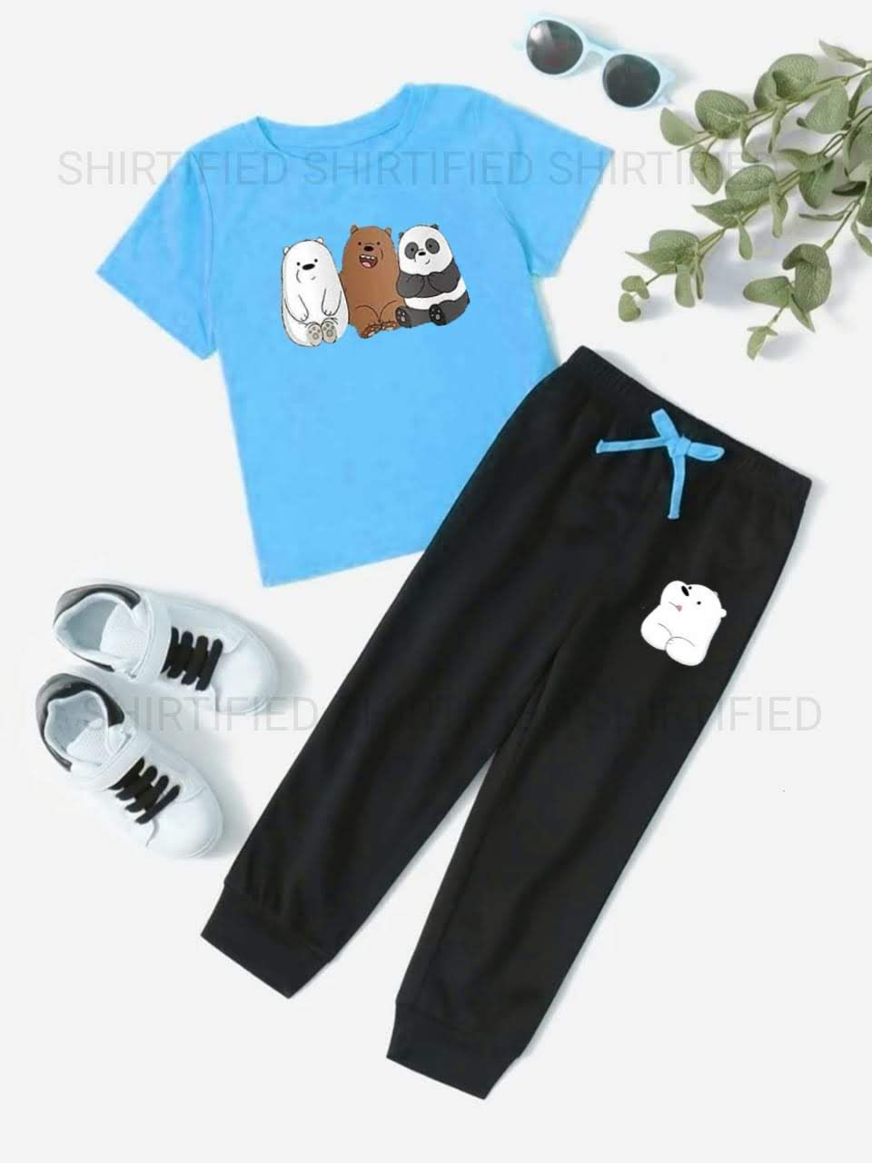 SKY BLUE CARTOON PRINTED T-SHIRT WITH BLACK PRINTED TROUSER