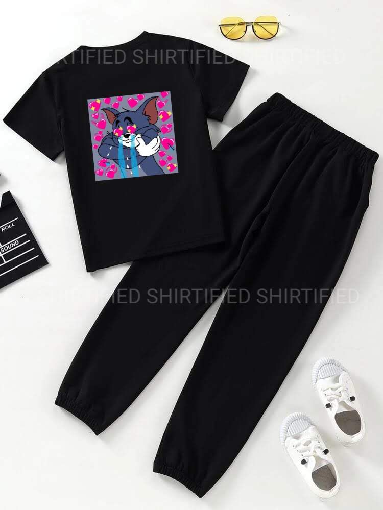 BLACK CARTOON PRINTED T-SHIRT WITH BLACK PRINTED TROUSER