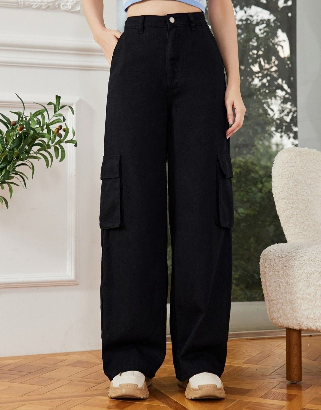 BLACK CARGO DENIM WIDE LEG JEANS