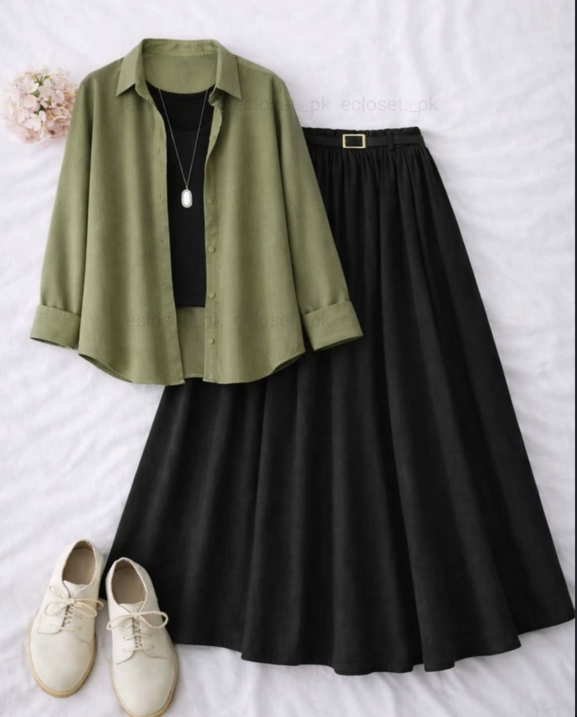 Olive Green Button Down Shirt With Black Inner & Black Flowy Chiffon Skirt