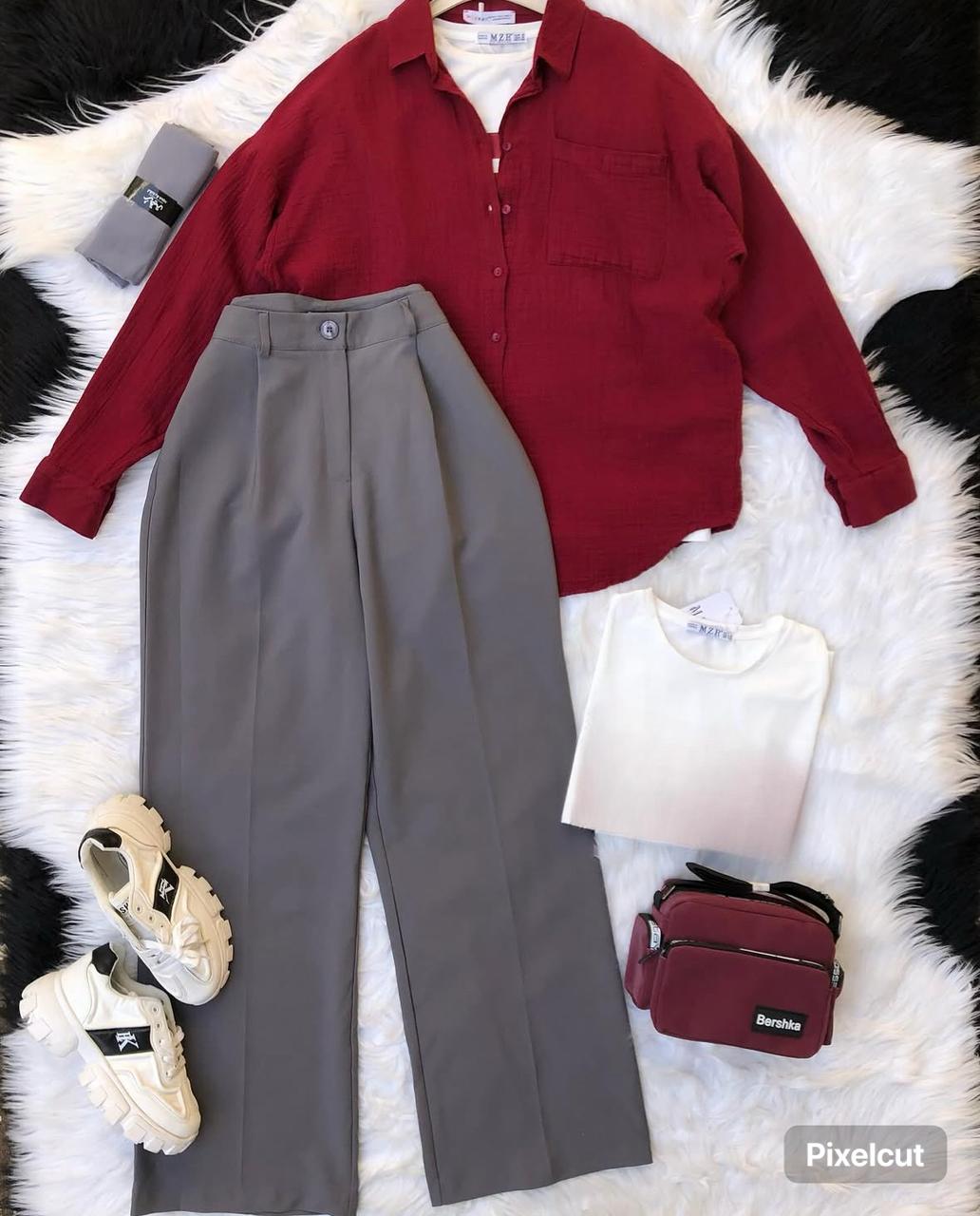 dark grey formal pants with maroon button down shirt