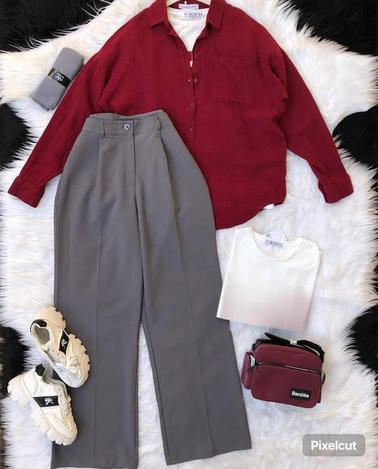 dark grey formal pants with maroon button down shirt