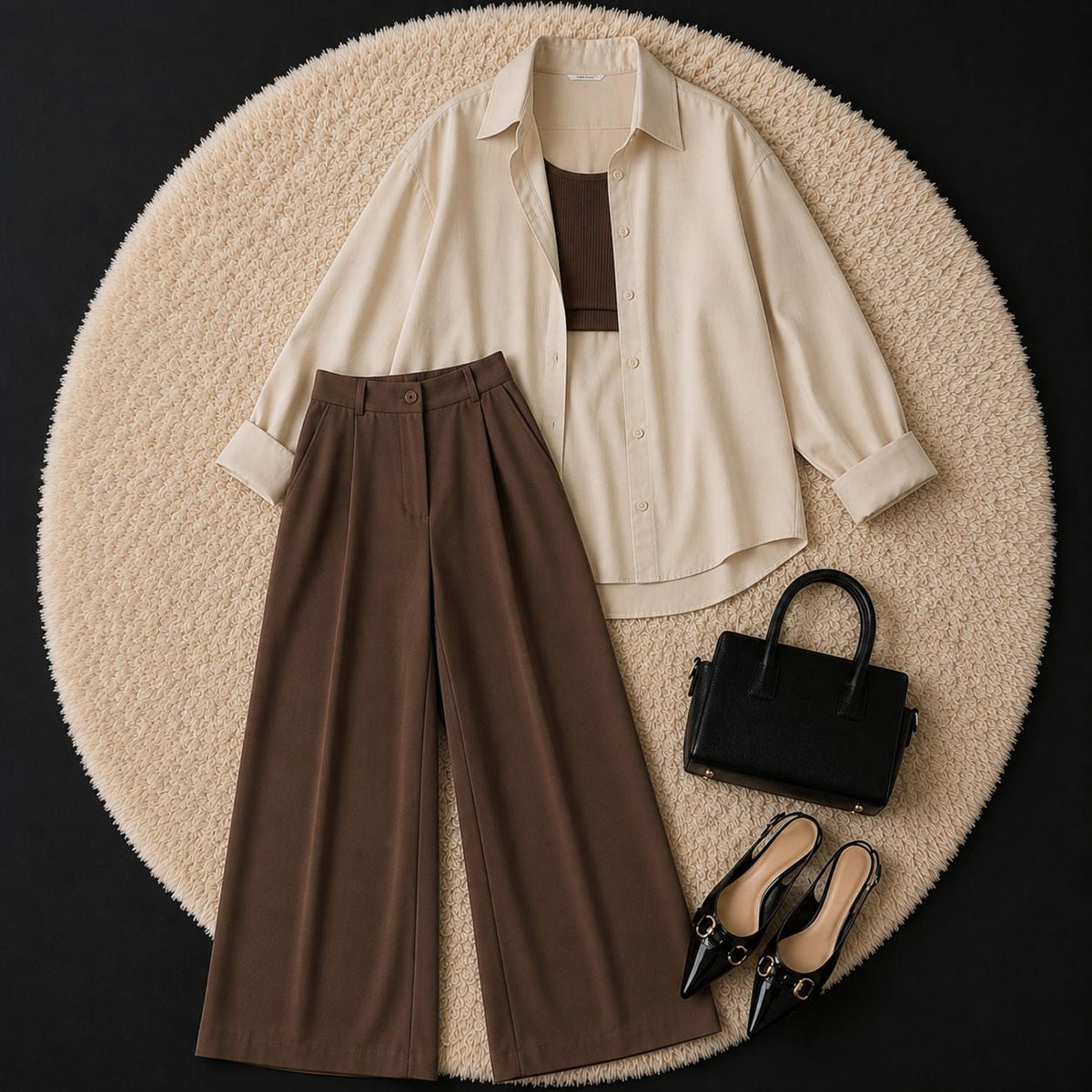 Cream Button Down Shirt With Brown Inner & Brown Formal pant