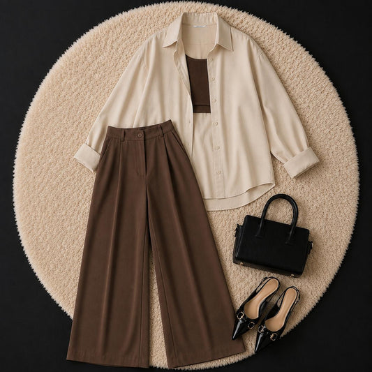 Cream Button Down Shirt With Brown Inner & Brown Formal pant