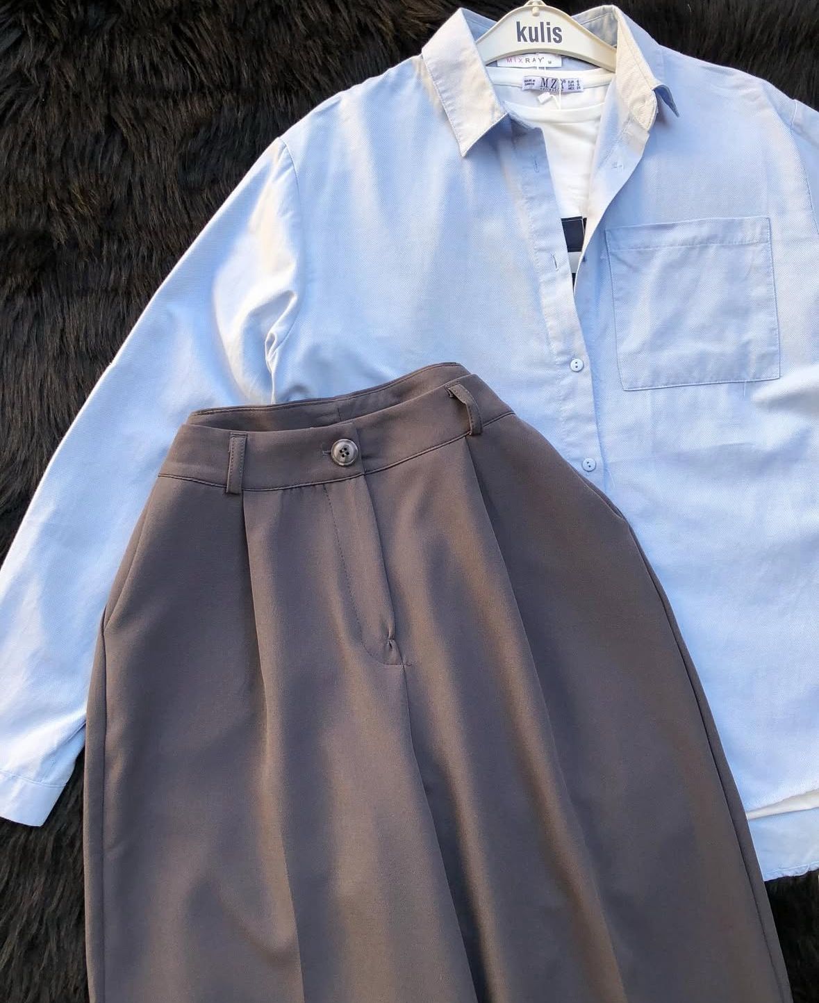 grey formal pants with skyblue button down shirt