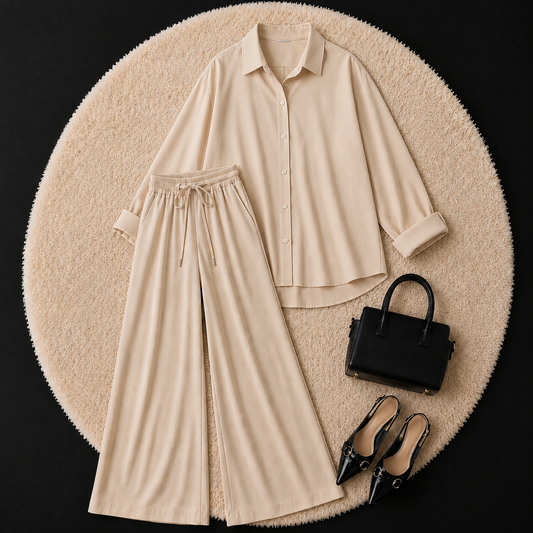 Beige Button Down Shirt With Beige Flapper Trouser
