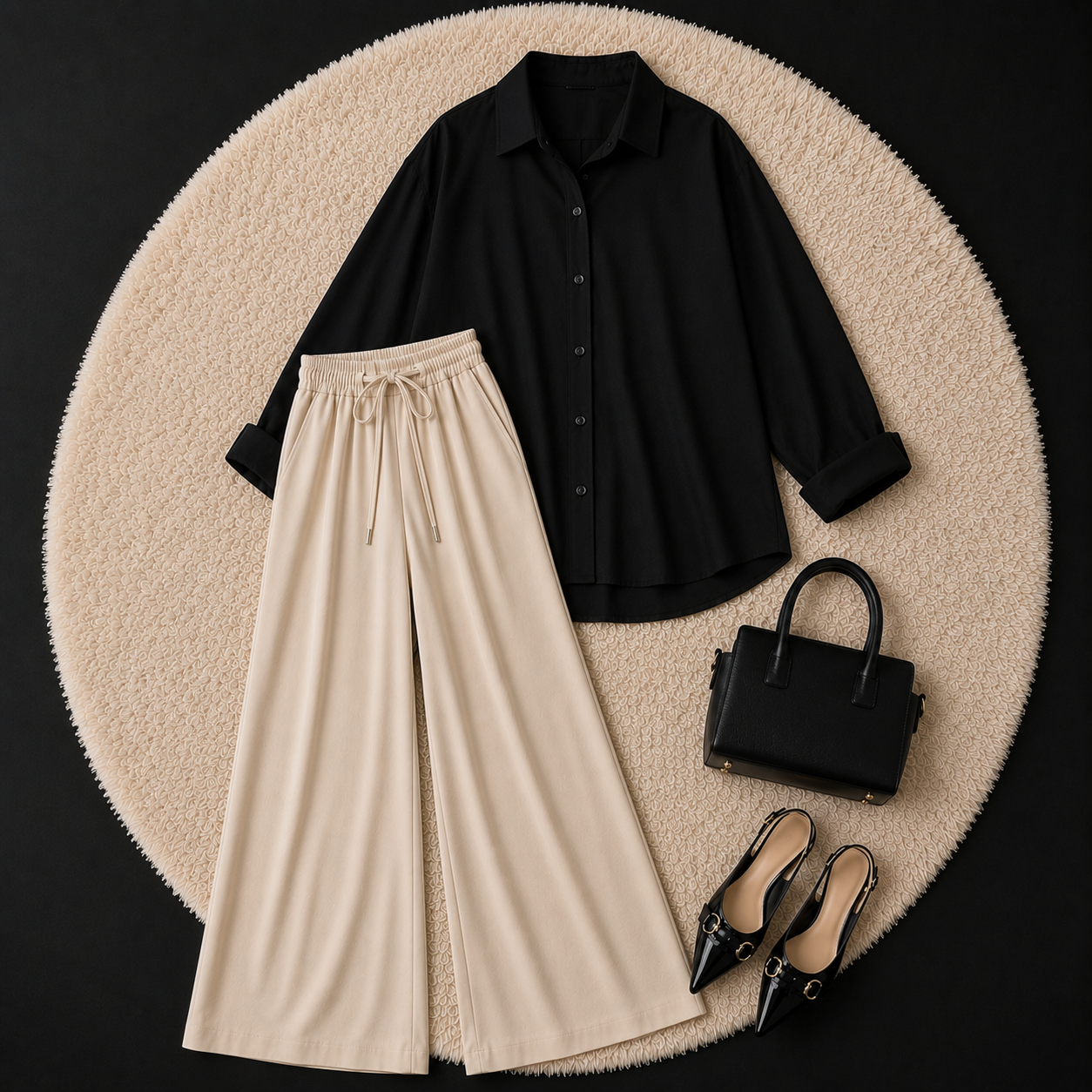 Black Button Down Shirt With Beige Flapper Trouser