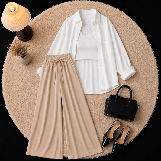 White Down Shirt With Inner & Beige Flapper Trouser