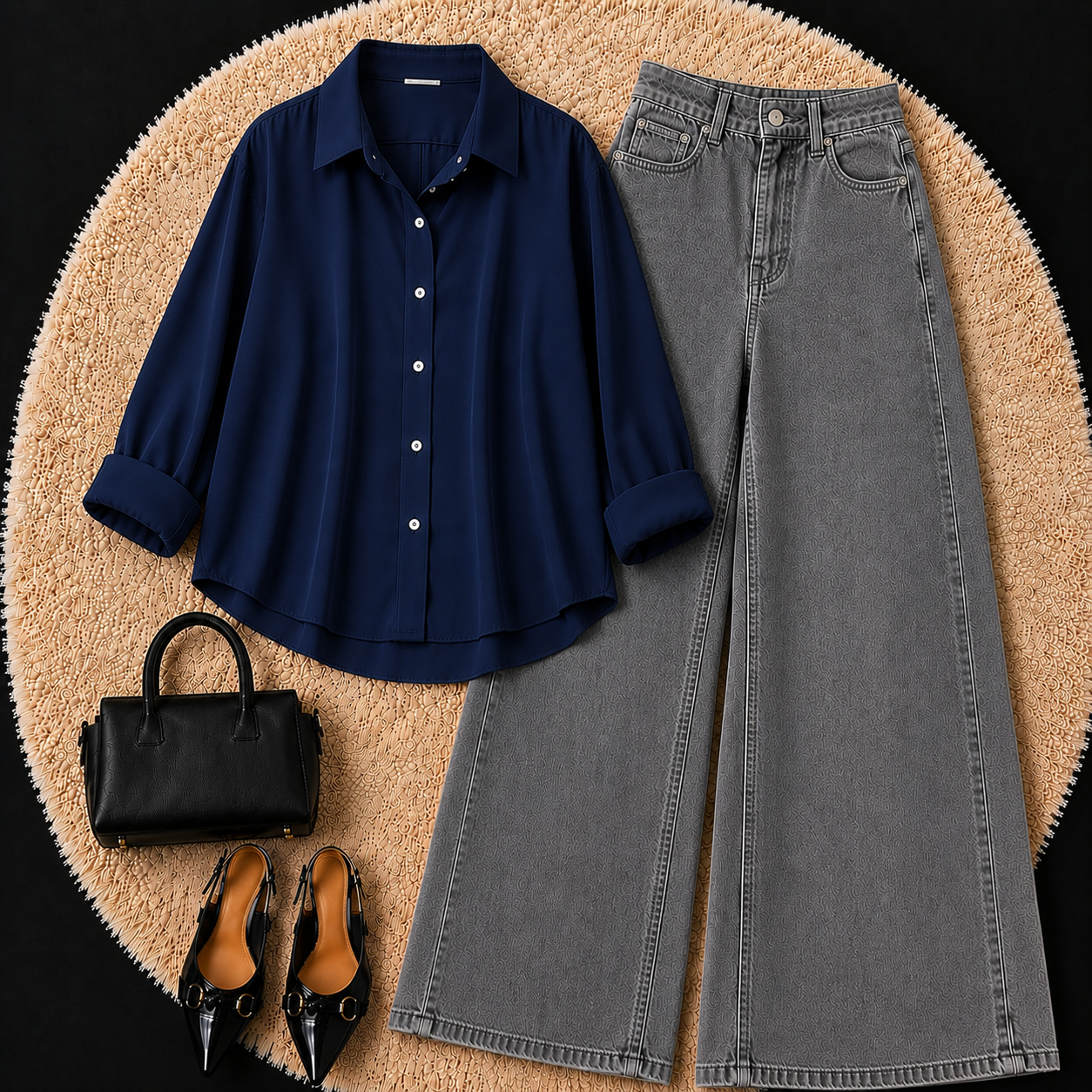 NAVY BLUE BUTTON DOWN SHIRT WITH CHARCOL GREY WIDE LEG JEANS