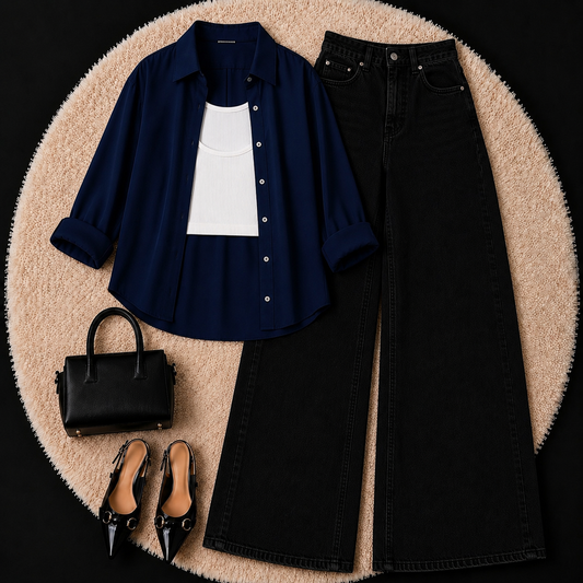 Navy Blue Button Down Shirt With White Inner & Black Leg Jeans