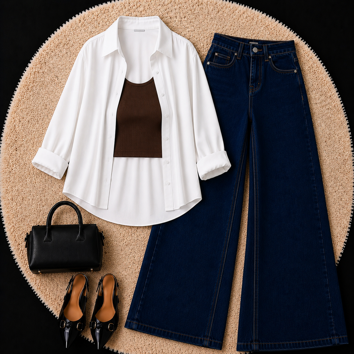 White Button Down Shirt With Brown Inner & Dark Blue Wide Leg Jeans