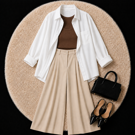 White Button Down Shirt With Brown Inner And Beige Formal Pant