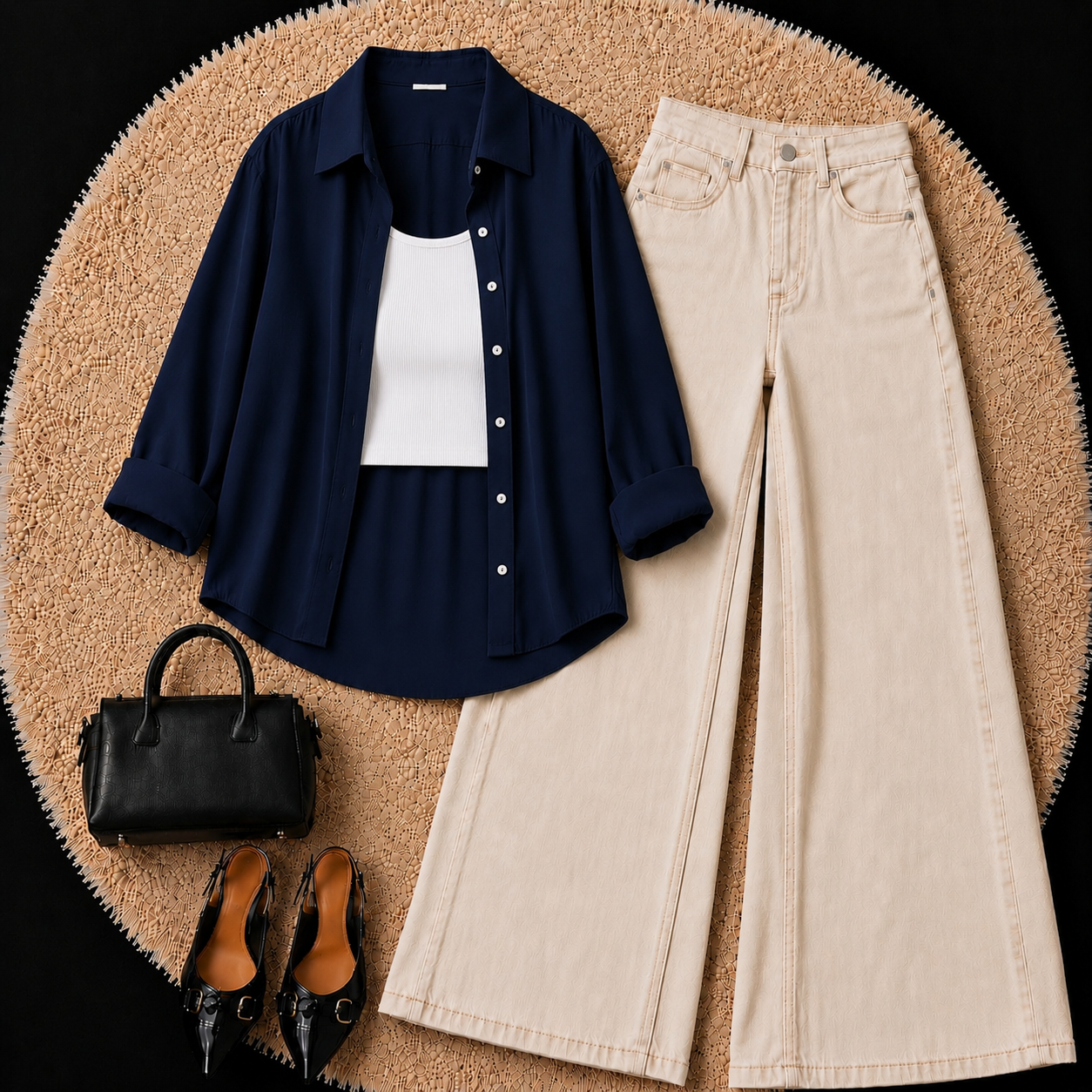 Navy Blue Button Down Shirt With White Inner & Beige Wide Leg Jeans
