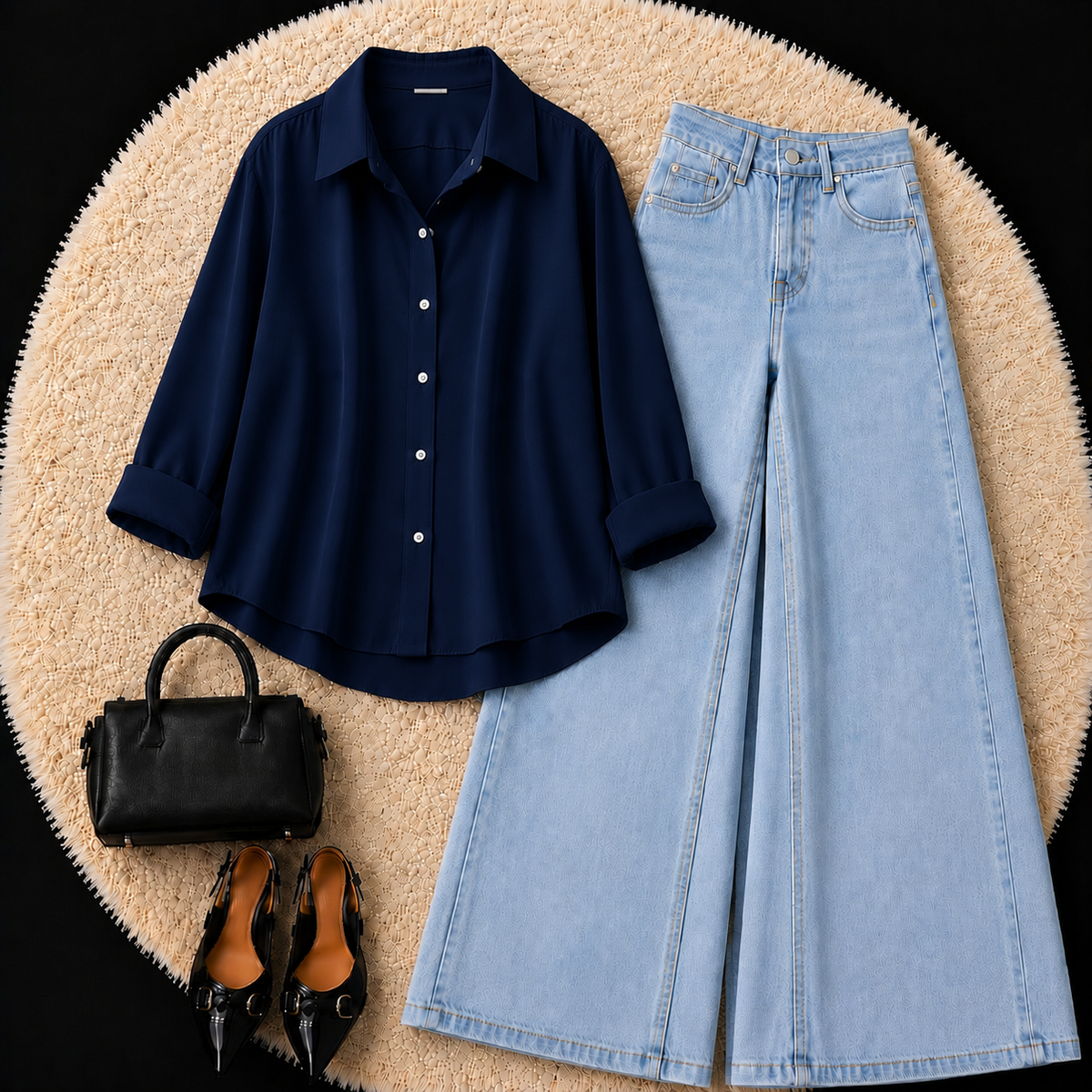 NAVY BLUE BUTTON DOWN SHIRT WITH SKY BLUE WIDE LEG JEANS