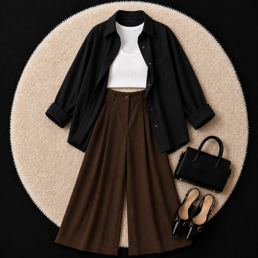 Black Button Down Shirt With White Inner And Brown Formal Pant