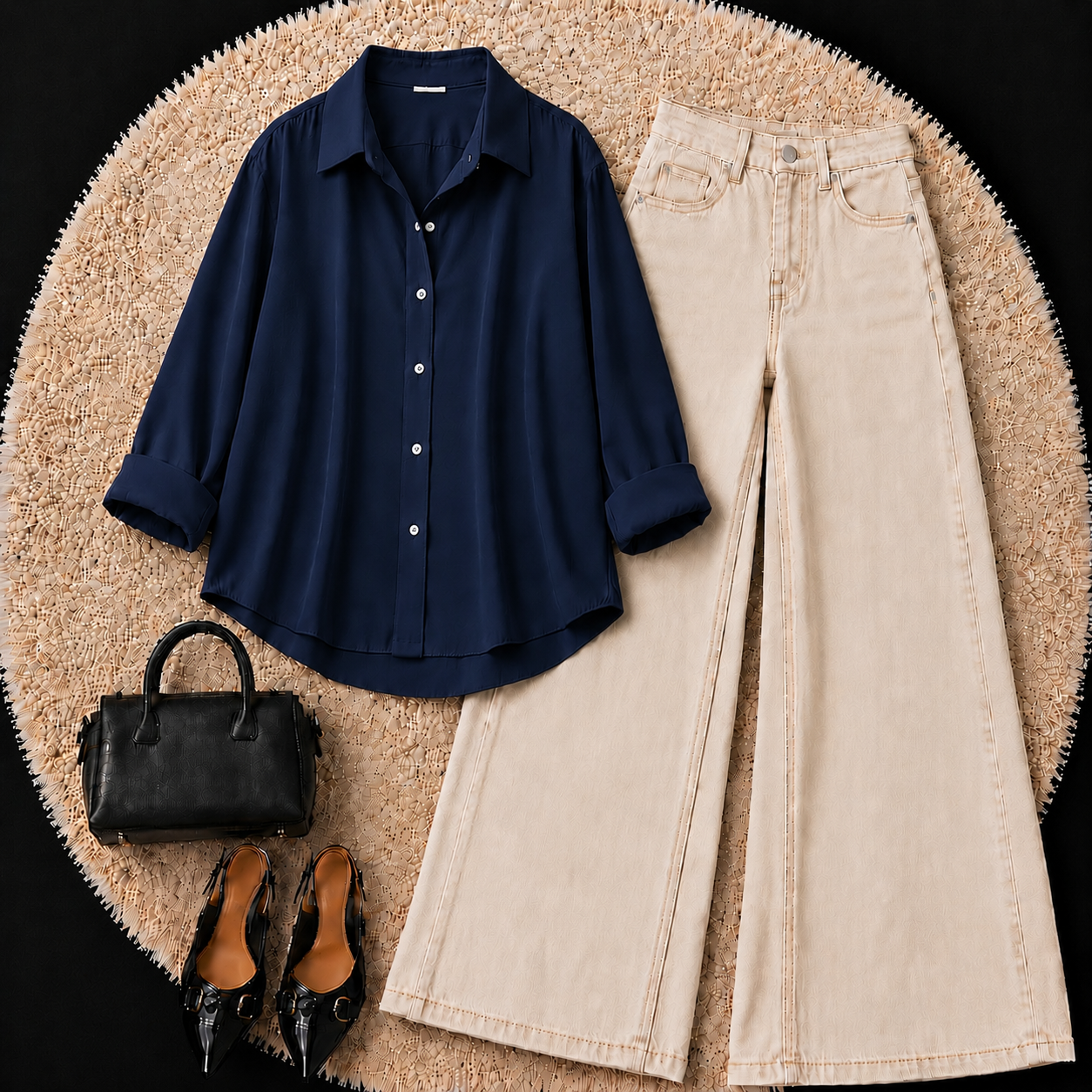 NAVY BLUE BUTTON DOWN SHIRT WITH BEIGE WIDE LEG JEANS