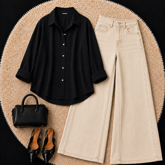 BLACK BUTTON DOWN SHIRT WITH BEIGE WIDE LEG JEANS