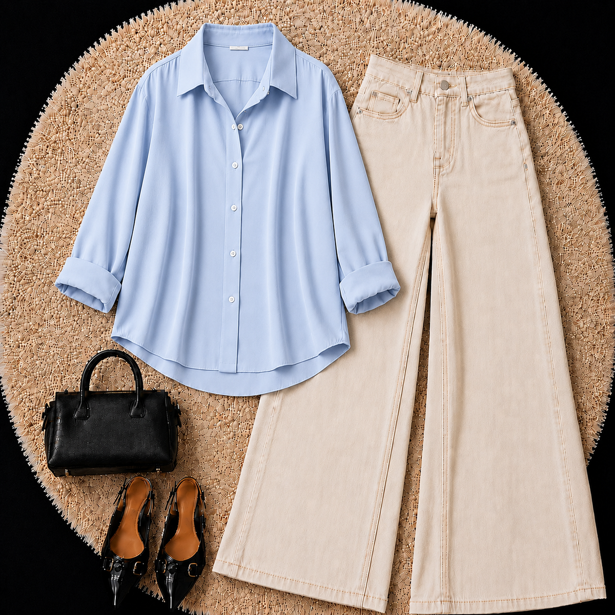 SKY BLUE BUTTON DOWN SHIRT WITH BEIGE WIDE LEG JEANS