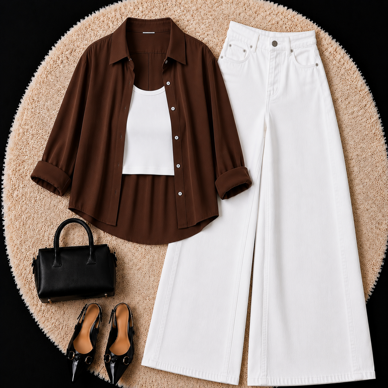 Brown Button Down Shirt With White Inner & White Wide Leg Jeans