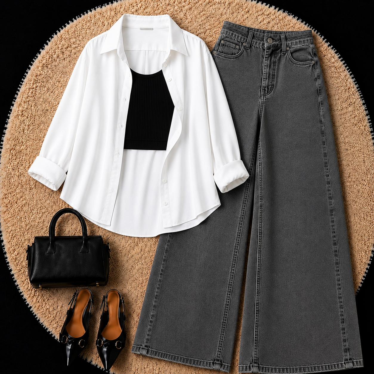 White Button Down Shirt With Black Inner & Grey Wide Leg Jeans